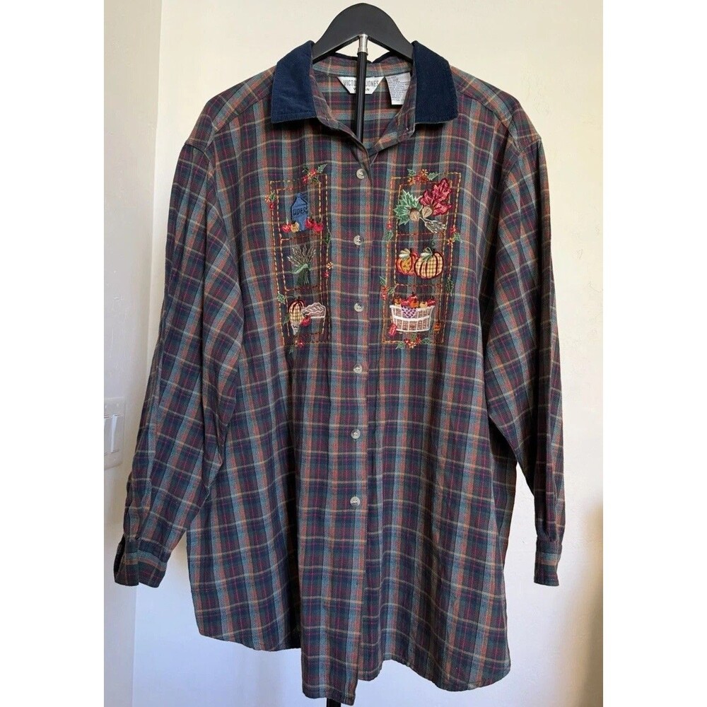 Vintage Victoria Jones 24W Fall Autumn Plaid Shirt Embroidered Teacher Core 90s